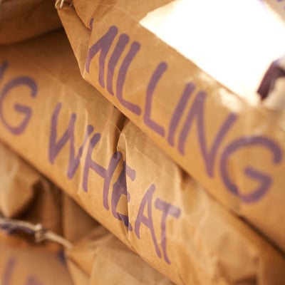 A photo of bags of wheat waiting to be milled in a bakery
