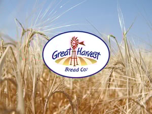 Photo of a wheat field and the Great Harvest oval logo.