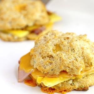 This is a photo of a breakfast sandwich on a biscuit